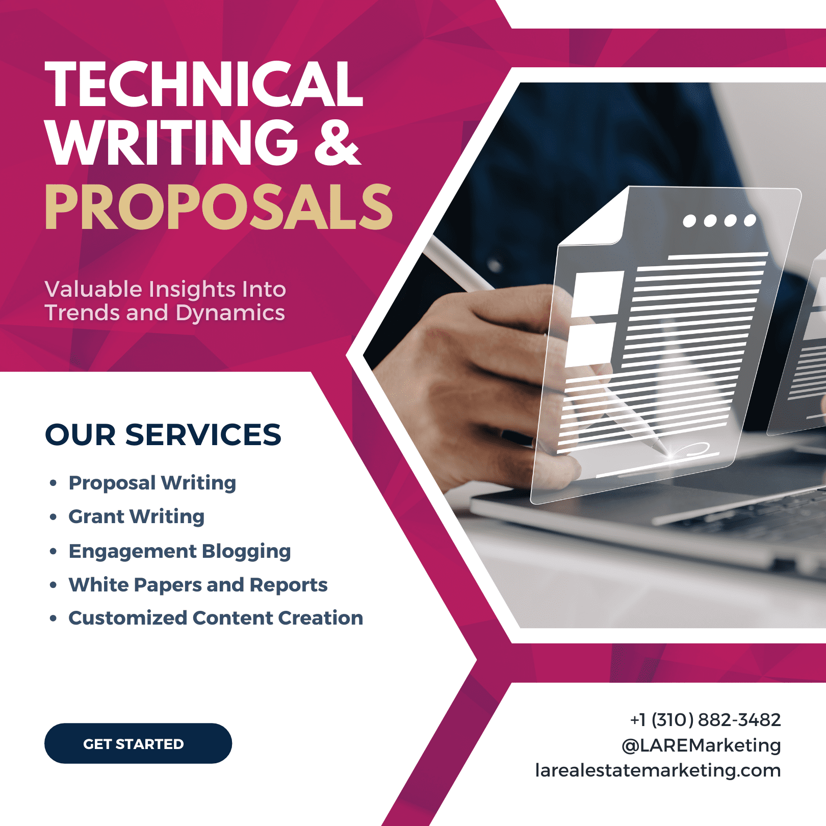 Technical writing and proposals for Los Angeles Real Estate Marketing. LA’s all-in-one real estate agency serving investors and brokers. Our offerings include business development, presentations, offering memorandums, BOV's, digital marketing, real estate websites, photography, video, Google Earth, and real estate financial analysis using Excel and Argus.